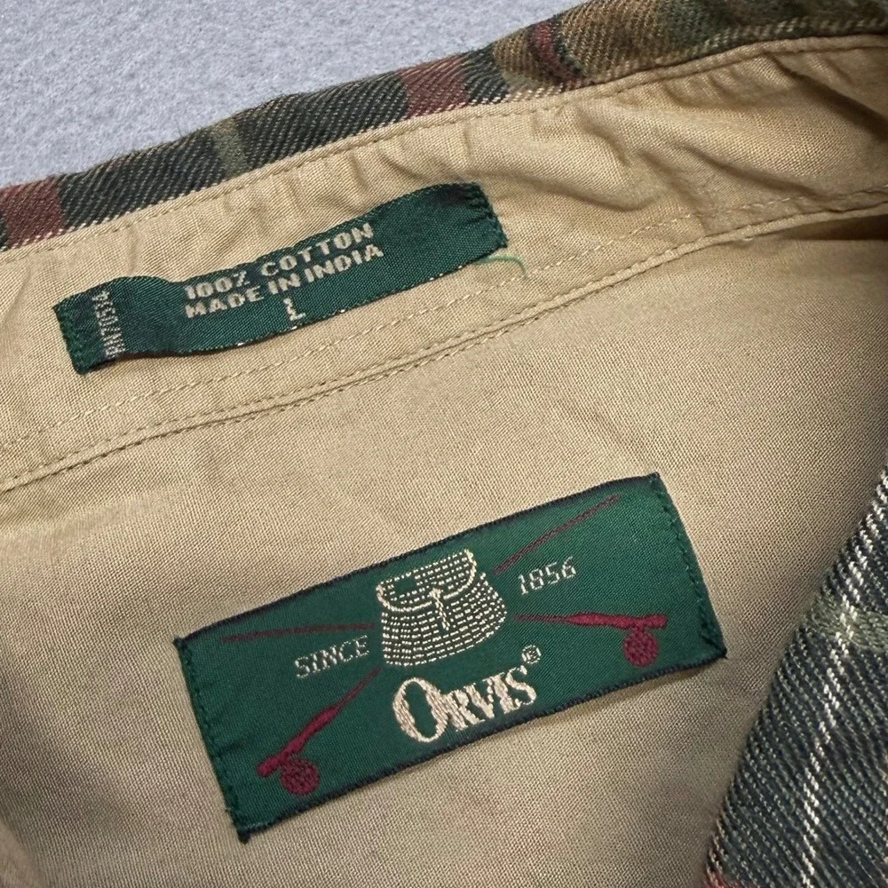 Orvis Heritage Flannel Button Down Shirt Mens Large Green Tan Plaid Cotton VTG